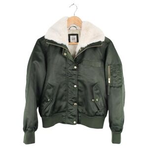 GAP Bomber Jacket Faux Fur Collar Insulated Green Moto Style Women's Size Small